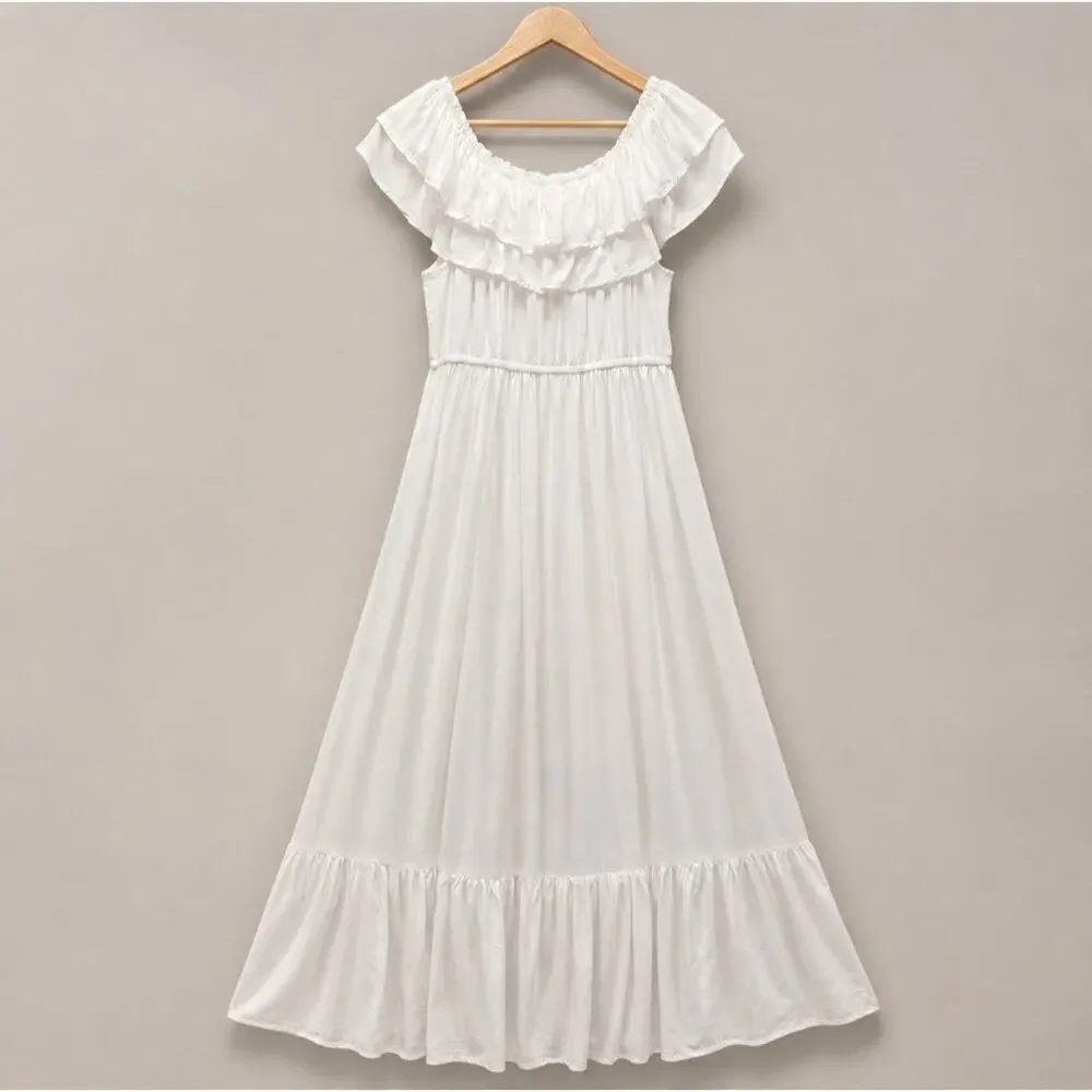 Anna-Kaci White Ruffle Maxi Dress L Off Shoulder Boho Coastal Vacation Feminine - Picture 4 of 14